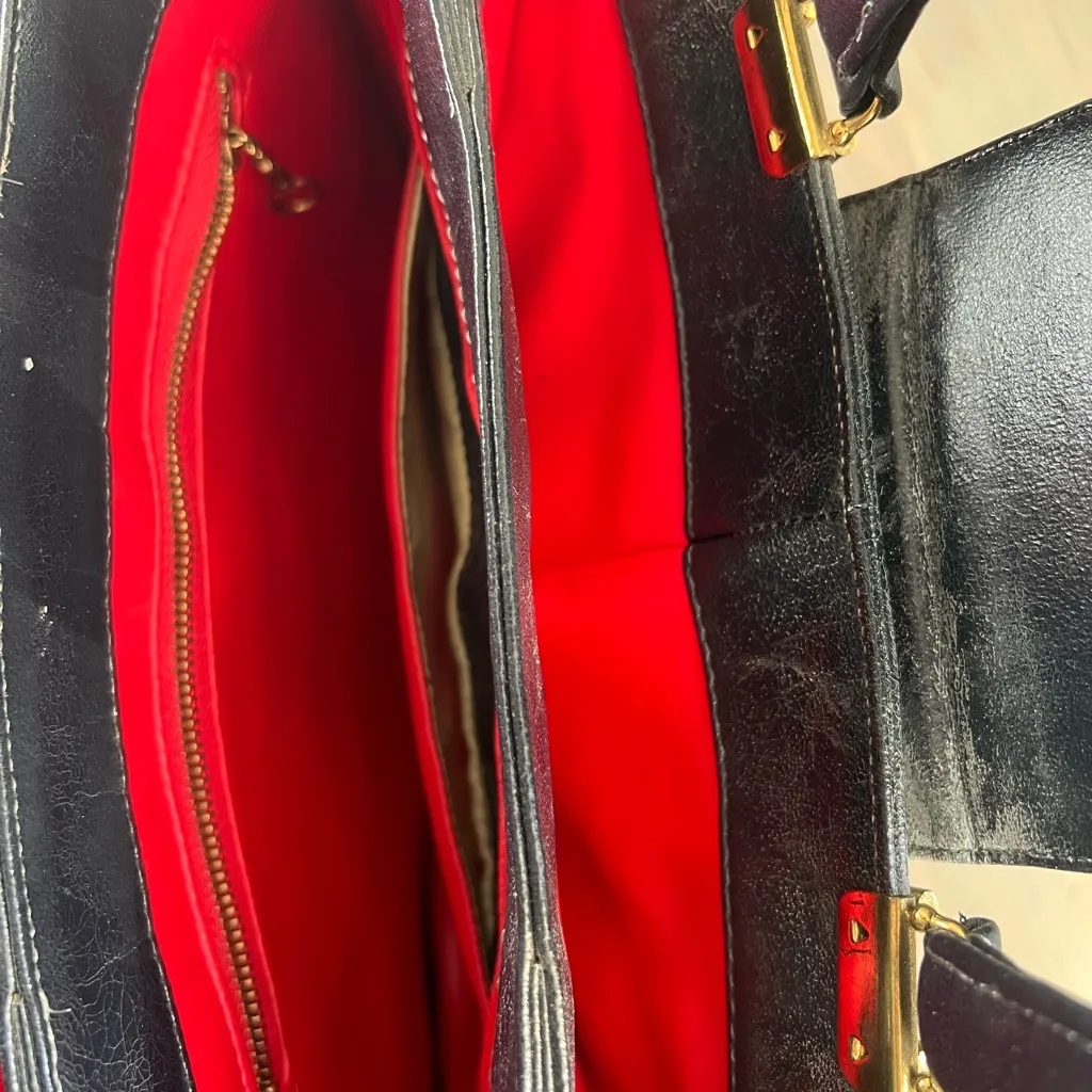 Vintage Navy Blue Leather Handbag retro quiet luxury 50’s accordion purse - Image 8