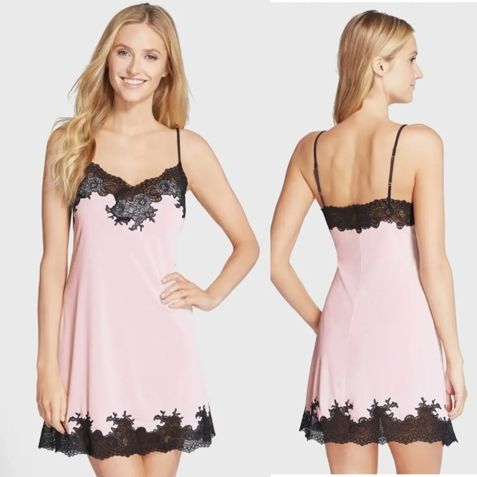 Natori Enchant Lace Trim Satin Chemise pink black sz 1X - Image 2