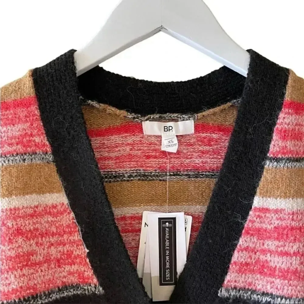 BP BLACK MARL STRIPE Button Down Red Black V-Neck Crop Cardigan Sweater XS - Image 2