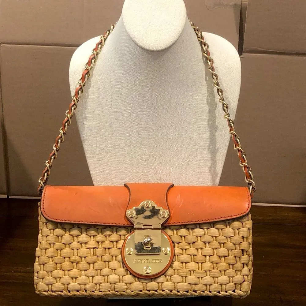 Vintage MICHAEL KORS Rattan Leather Clutch Gold Turn Lock Chain & Leather Strap - Image 16