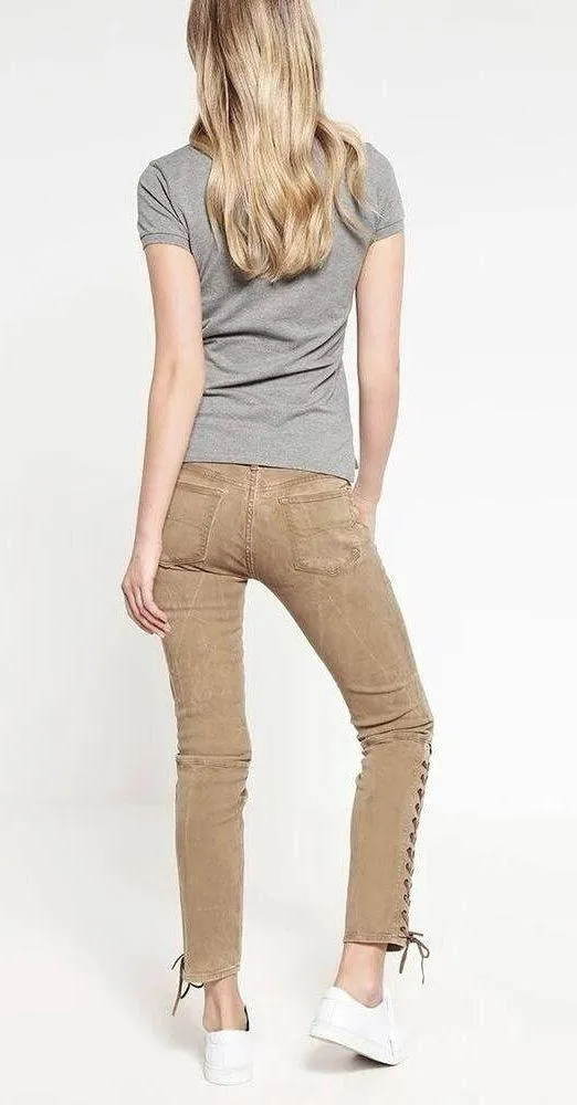 Polo Ralph Lauren Tompkins Skinny Lace Up Jeans Leather Laces Tan Brown Women 27 - Image 9