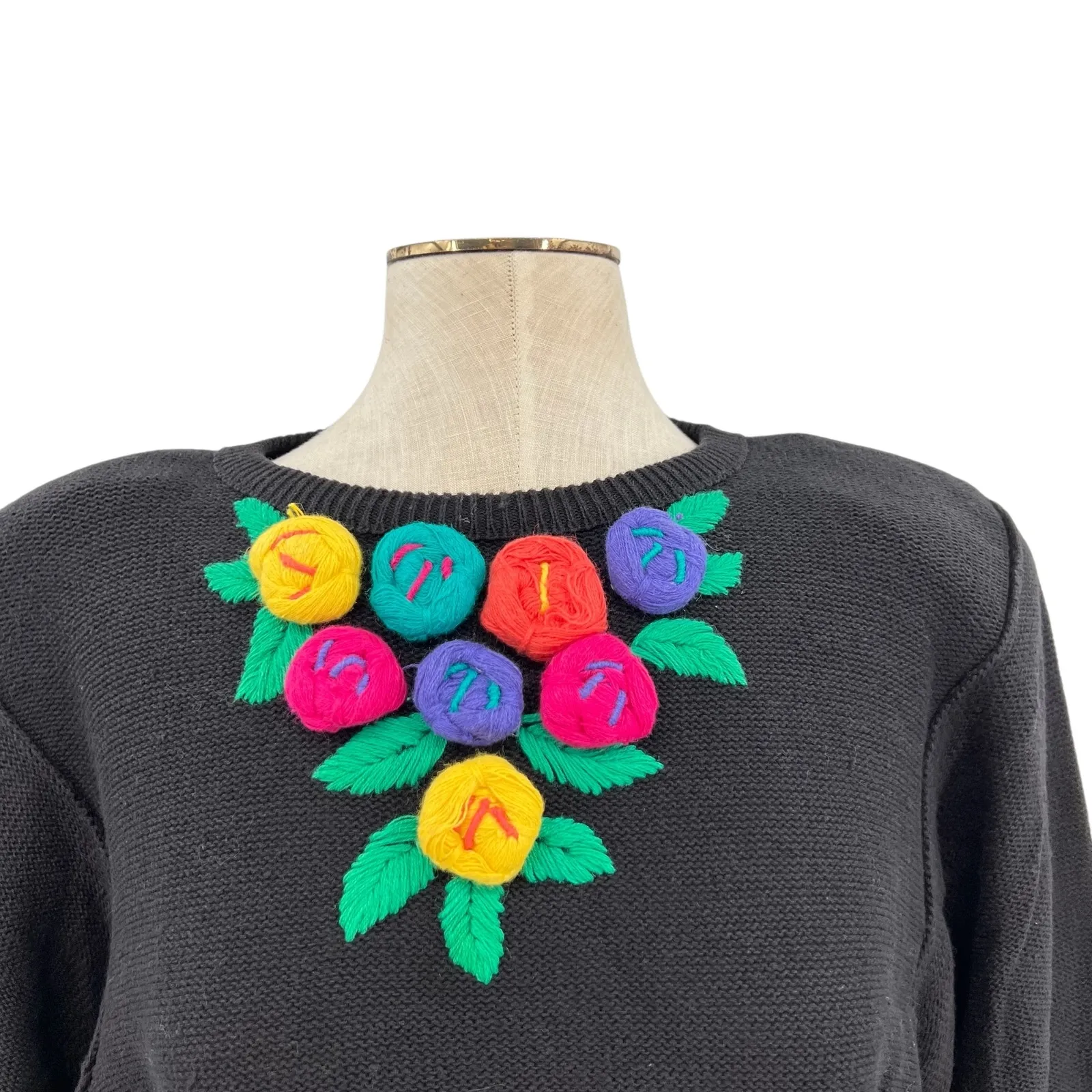 Bonnie Boerer Vintage Sweater Puff Sleeve Flower Applique Knit Size Medium Black - Image 3