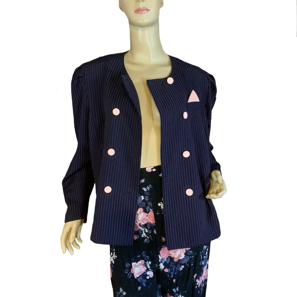 VINTAGE 1980'S GOOD TIMES BLUE & PINK STRIPED BLAZER (16P) - Image 6