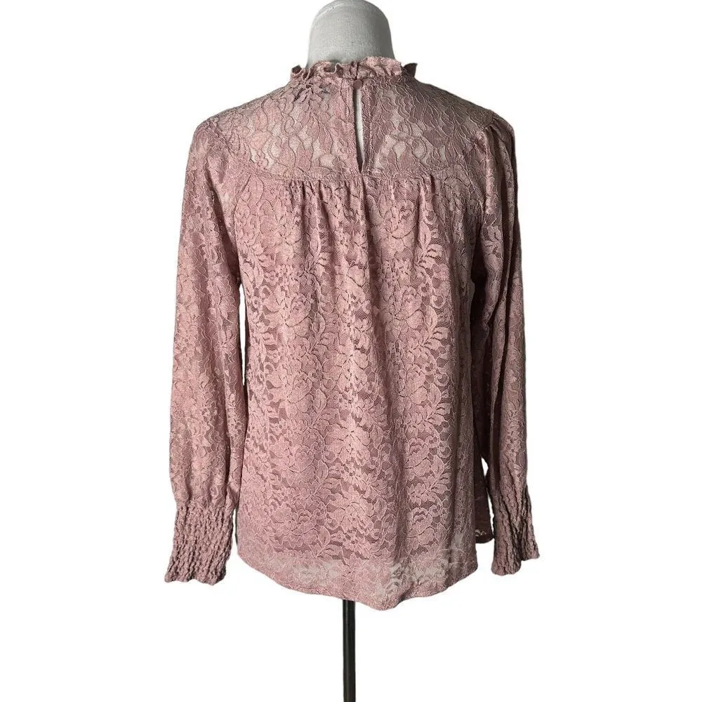 Cable‎ & Gauge Floral Lace High Neck Top Size L Pink Romantic Feminine Chic - Image 3