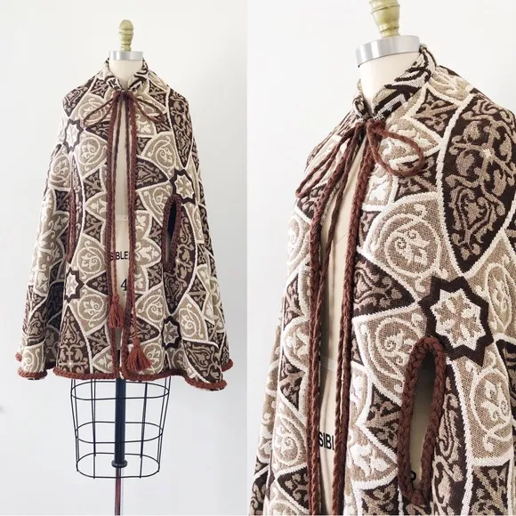 vintage • 1970s tapestry cape brown cream tan rust medallion woven boho western - Image 2