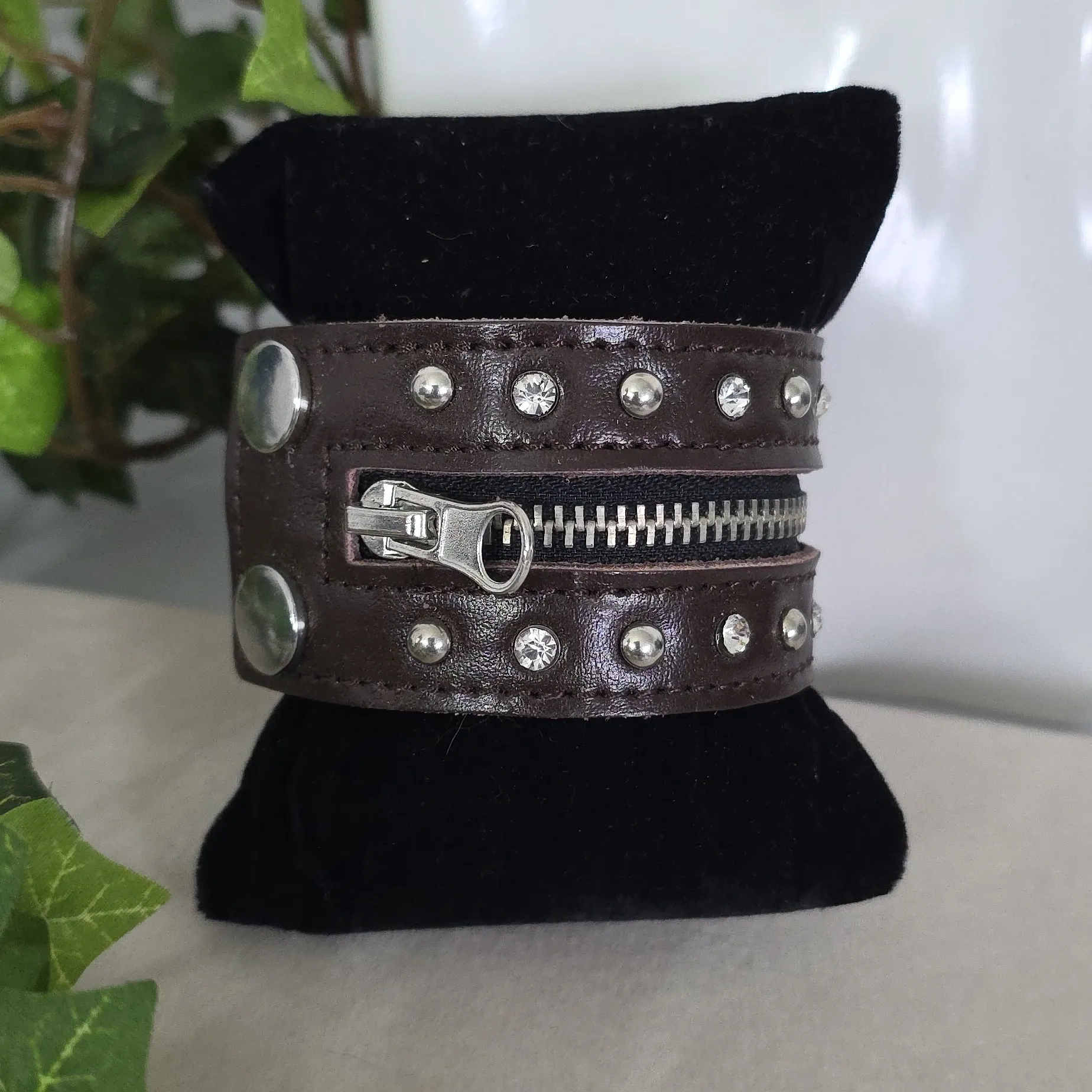 Brown Leatherette Wide Bracelet with Zipper and Stud Design - Image 10