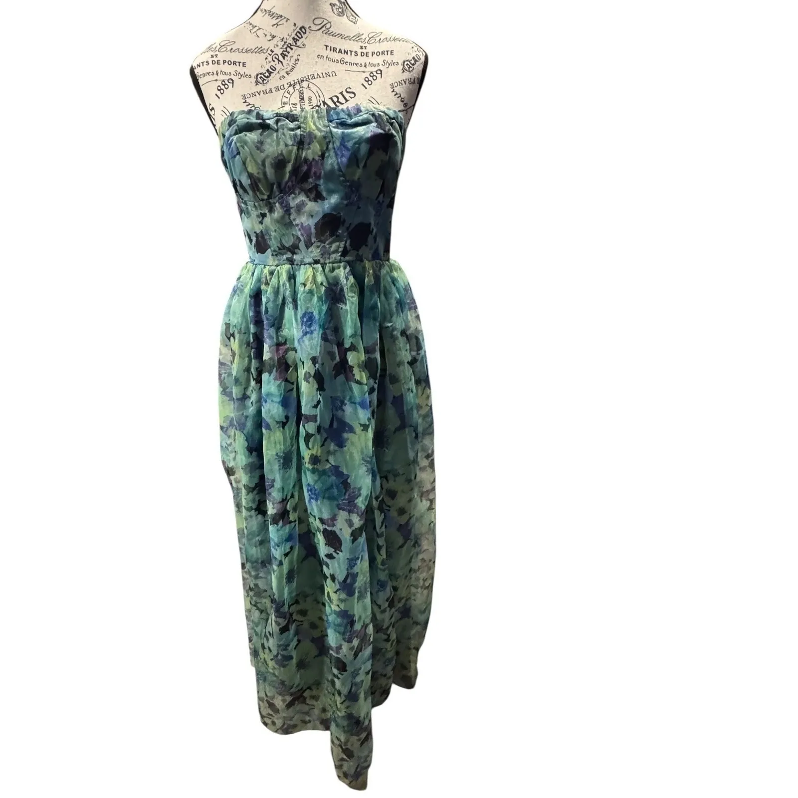 Lulus Strapless Floral Print‎ Midi Dress Teal Blue Green Women's Size Small - Image 3