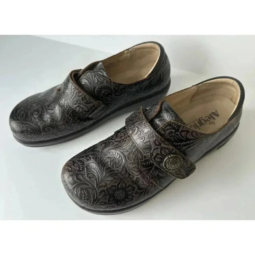 Alegria Mules Clogs Joleen Women 9.5 Tooled Leather Slipon Oxford Molasses Brown - Image 3