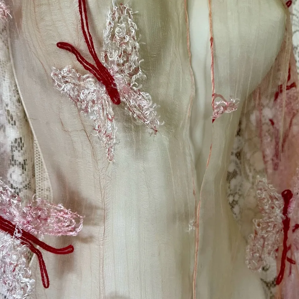 Sheer Silk Pink Lace Scarf with Butterflies - Image 2