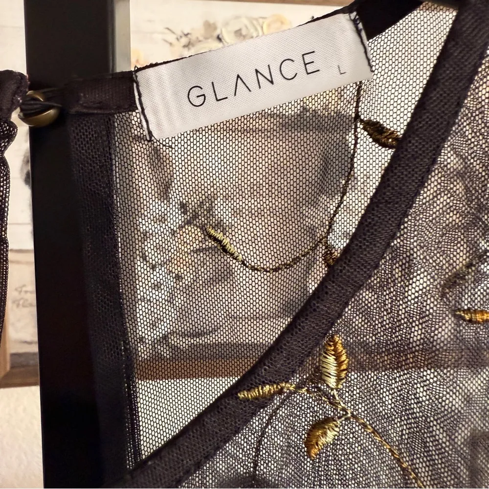 Festival Black Sheer Embroidered Rose Mesh Romantic Floral Overlay Party Top Size L - Image 11