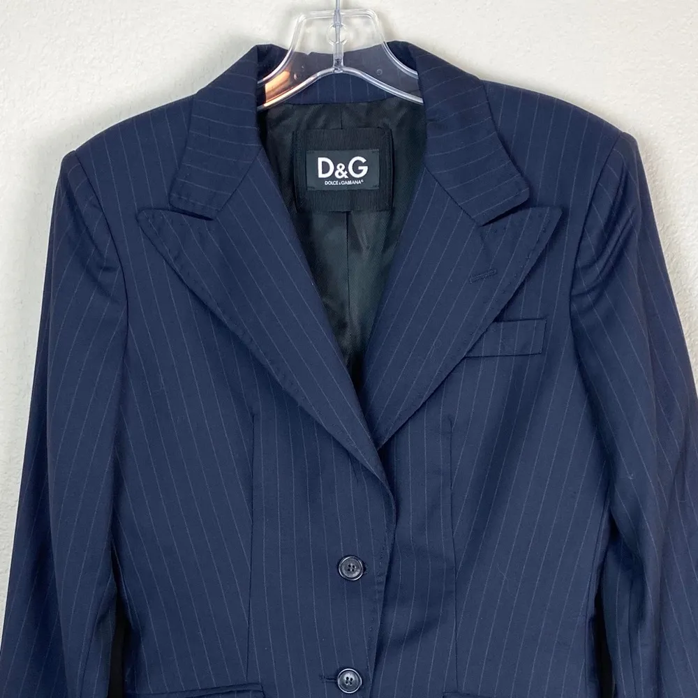D&G DOLCE & GABBANA Navy Blue Trendy Boyfriend Pin Striped Blazer Jacket XXL/46 - Image 2