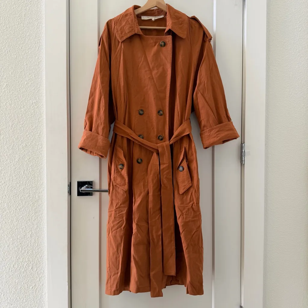 Jen's Pirate Booty Basic Instinct Trench Coat Sunburn Linen Blend Size M/L - Image 5