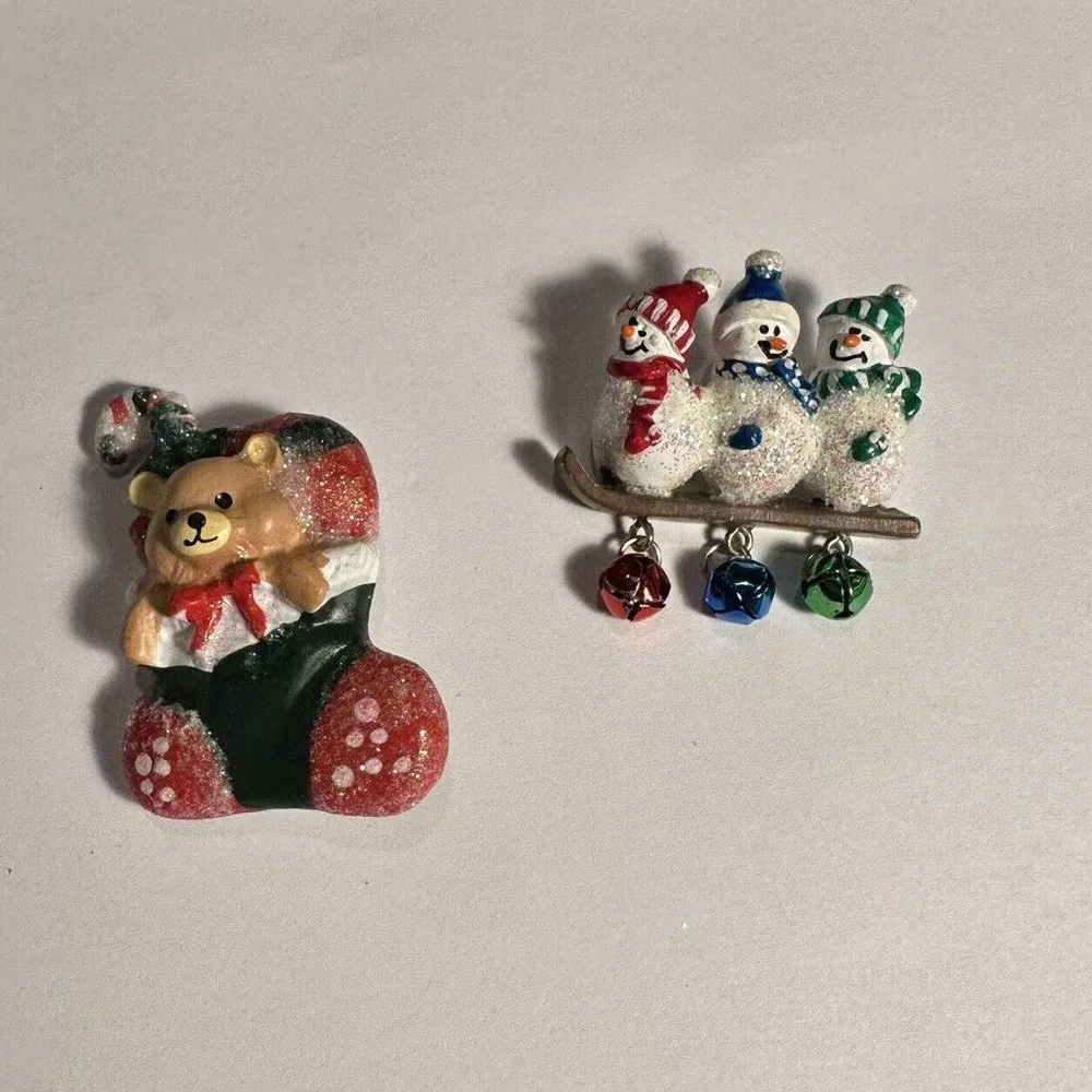 Christmas Holiday Brooch Pins Lot Of 2 Snowman / Teddy Bear In Stocking - Image 2