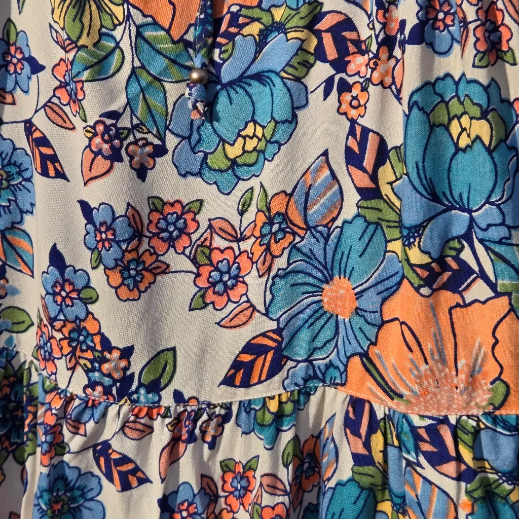 Angie Floral Maxi Tiered Dress in Blue and Cream S - Image 7