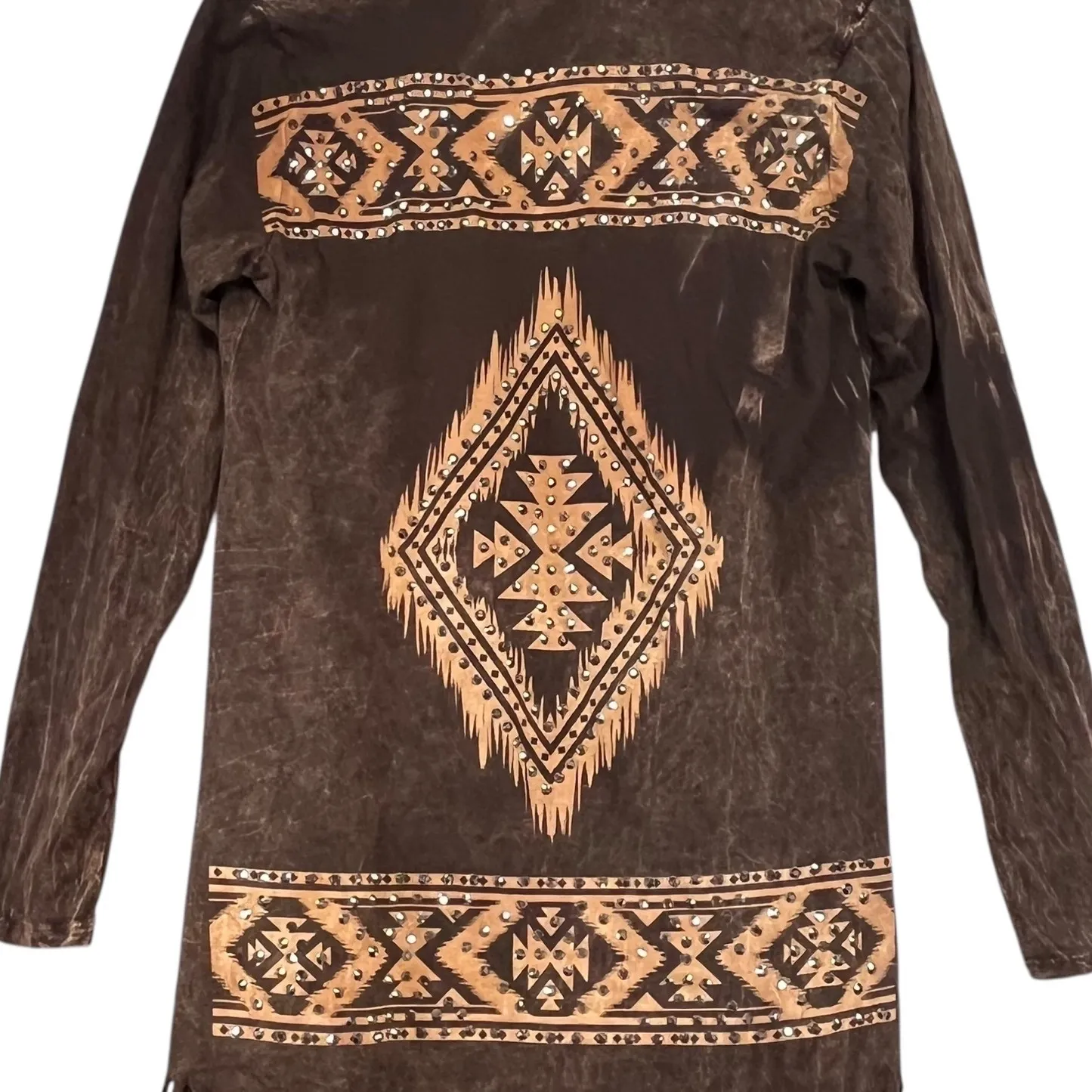 Vocal‎ Women's Brown Aztec Tribal Print Fringe Open Front Cowgirl Cardigan Small - Image 4