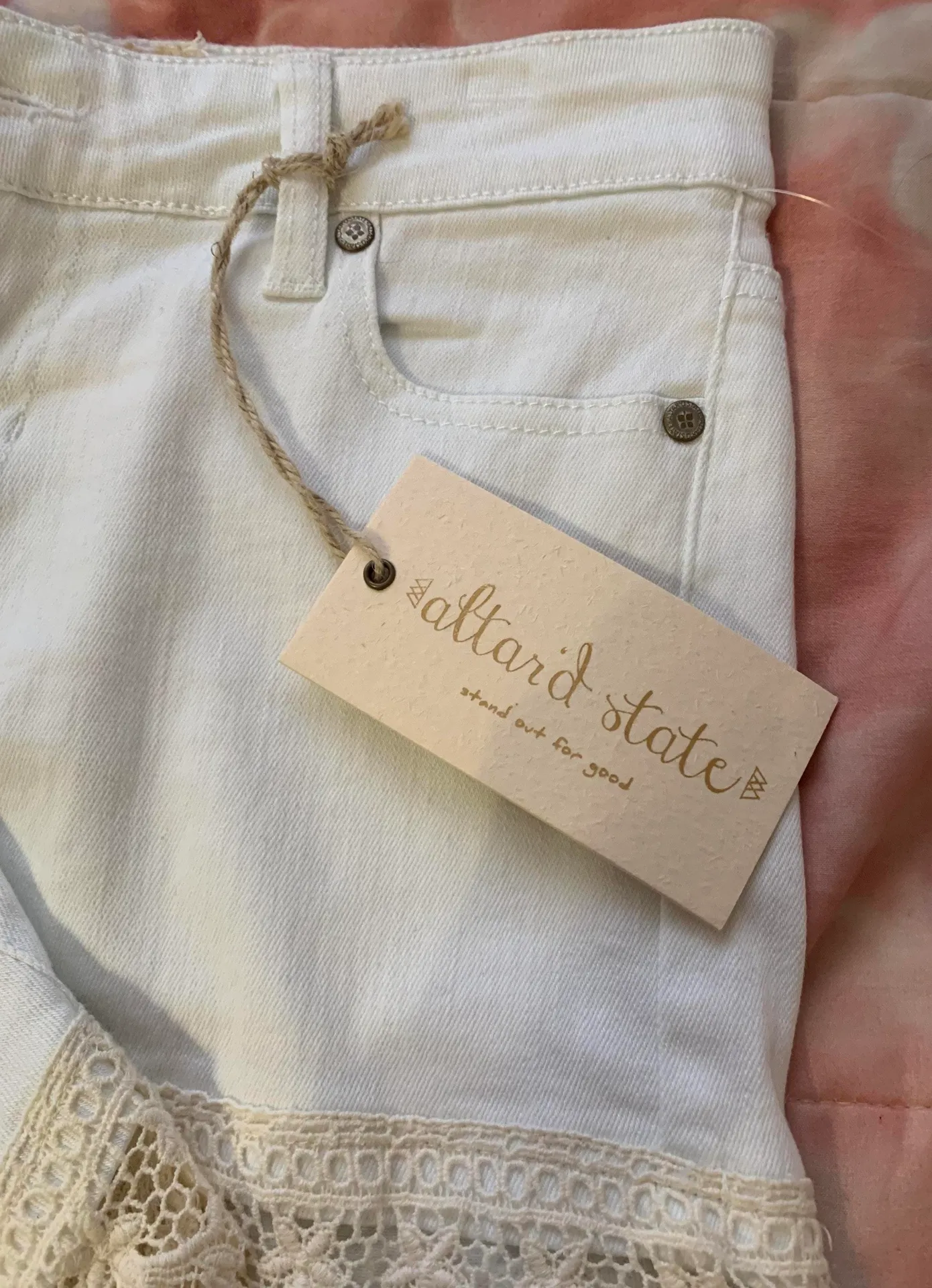 Altar'd State  Lace White Jean Denim Shorts  - Image 2