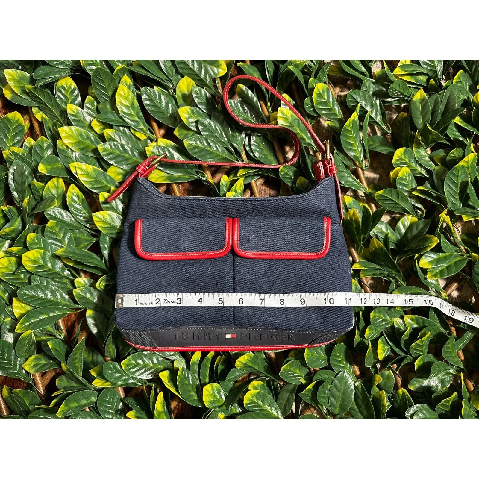 Tommy Hilfiger Two Pocket Shoulder Handbag Purse Blue Red Logo Zip Top - Image 5