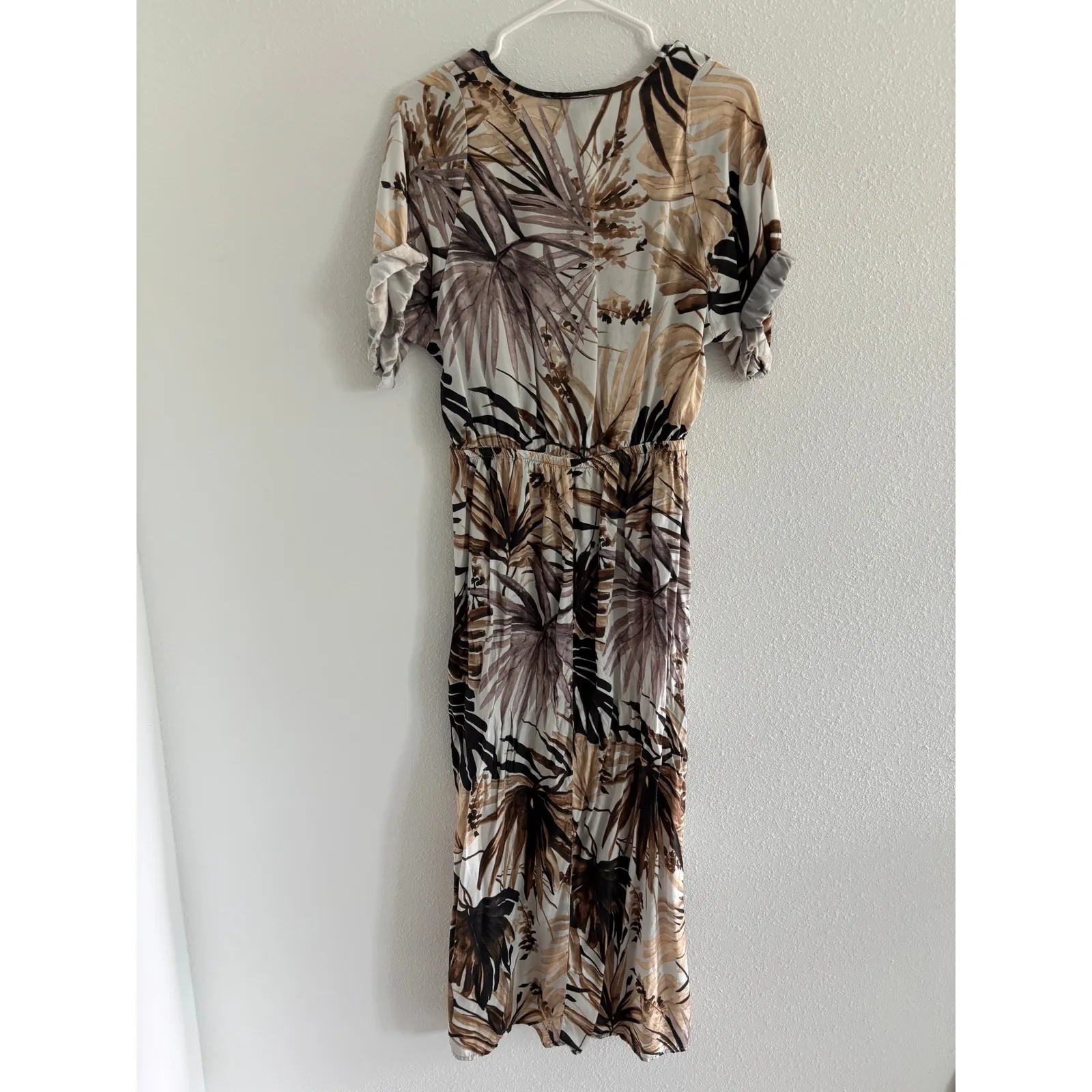Karen Kane Dress Womens Medium Brown Palm Midi‎ Satin Wrap Career Resort Luxury - Image 2