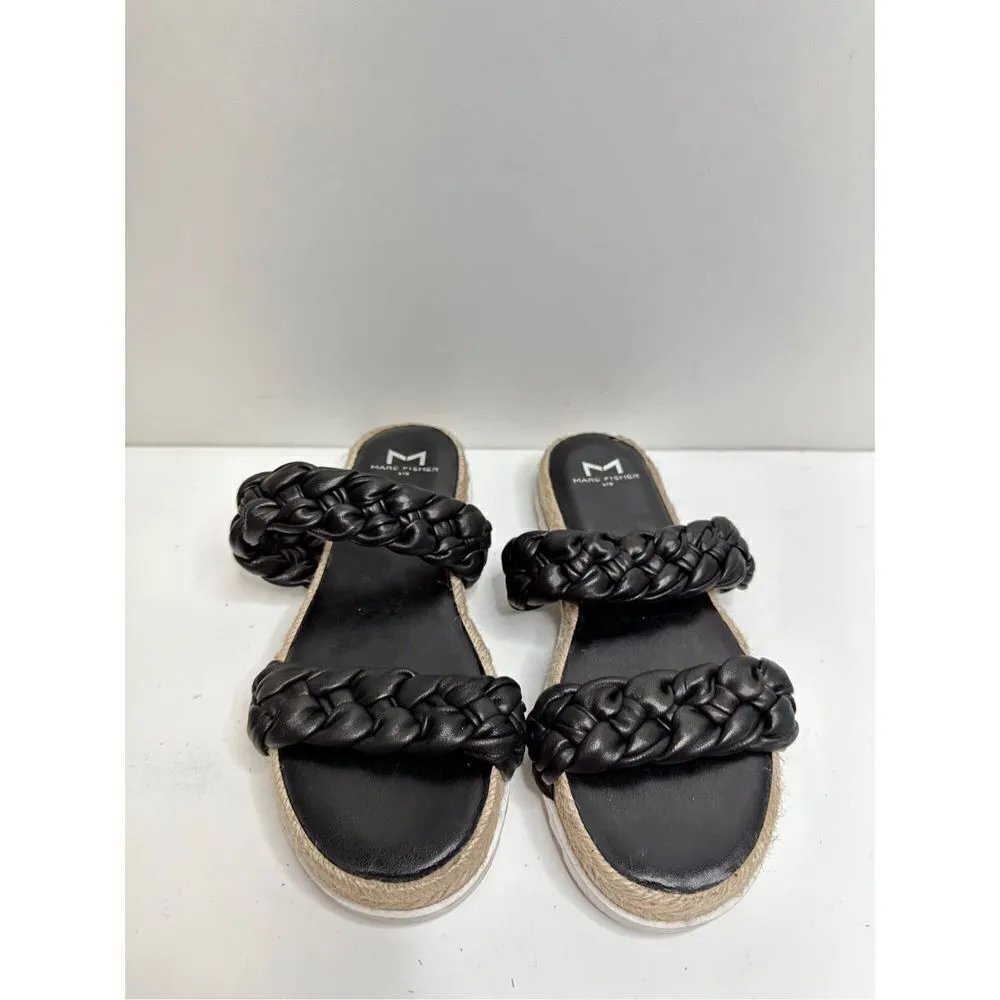 Marc Fisher Sandals‎ Womens Size 5 Black Leather Jaimee Espadrille Slide Shoes - Image 4