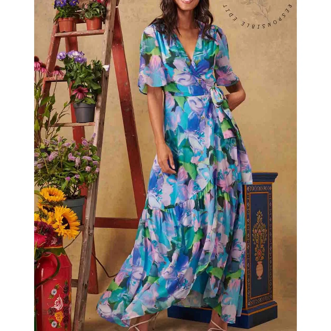 Hope & Ivy NWOT Everleigh Floral Maxi Wrap Dress Short Sleeve Blue‎ Plus Size 18 Blue - Image 2