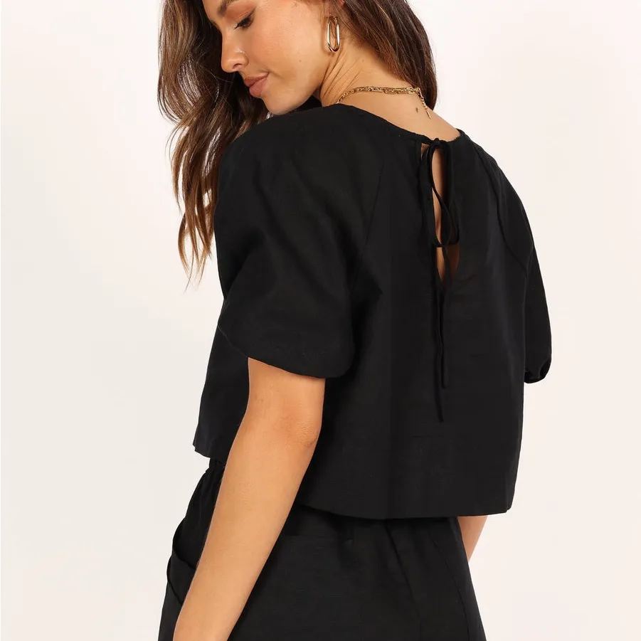 PETAL + PUP Chelsey Linen/Cotton Puff Sleeve Toe-Back Crop Blouse Black Sz 12 - Image 2
