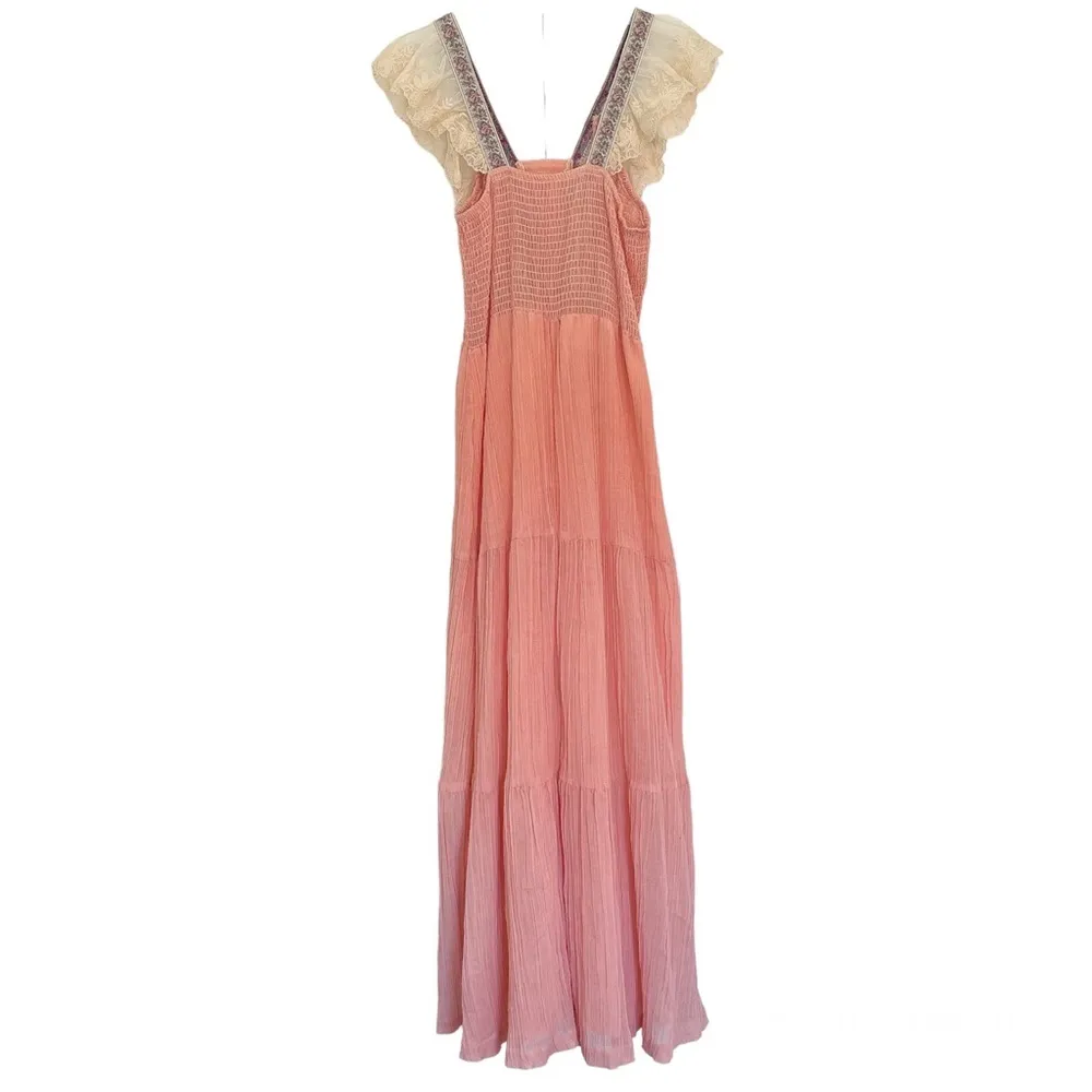 Vintage Vicky Vaughn Peasant Prairie Maxi Dress Sz M/L Lace Shoulder Pink Size M - Image 3