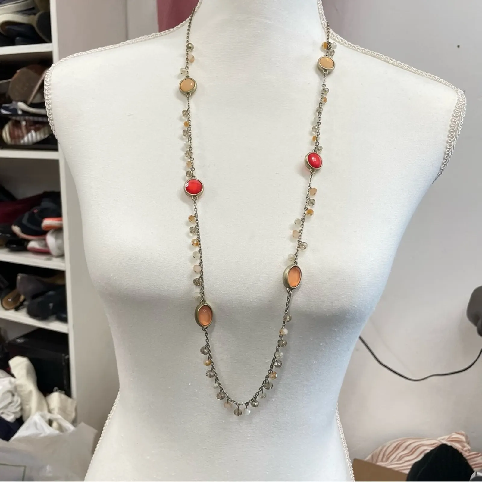 Loft Gold Tone Orange & Cream Fauceted Glass Long Beaded Necklace - Image 4