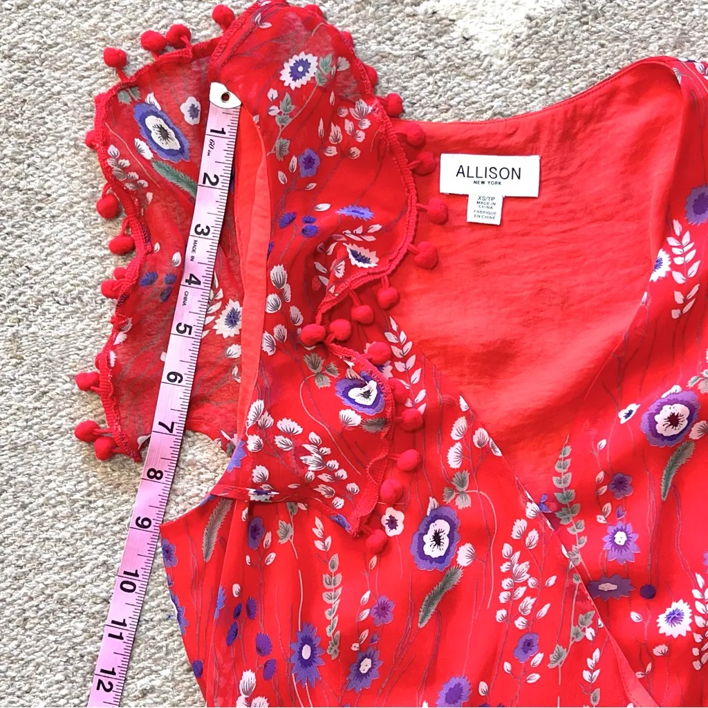Anthropologie Allison New York Red Floral Flutter Tassel Sleeve Wrap Mini Dress - Image 7