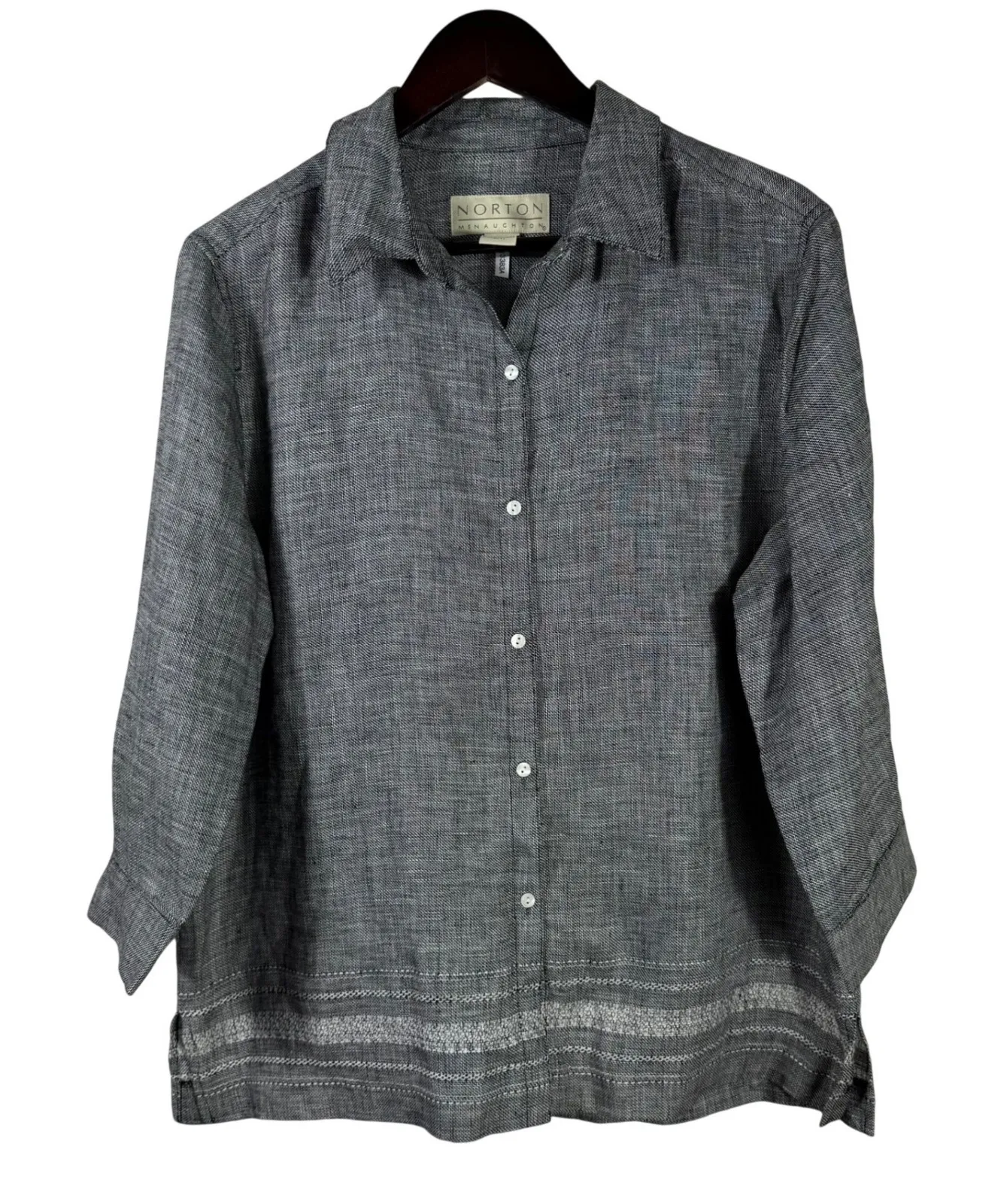 Norton Mcnaughton Collared Gray Linen Button-Up Top Size L Textured Weave - Image 1