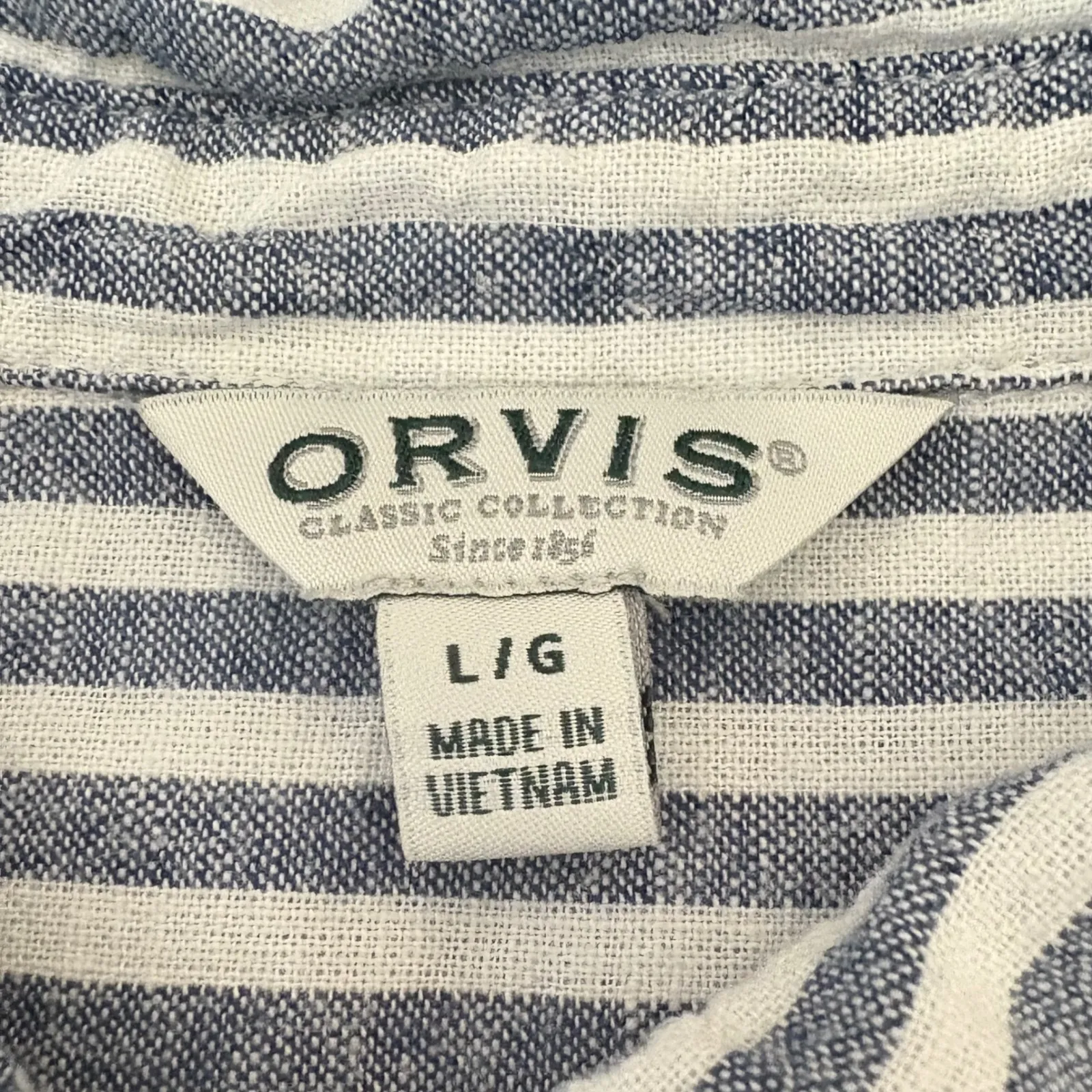 Orvis Womens Linen Blend Button‎ Top L Blue White Striped Coastal Beachy Travel - Image 4