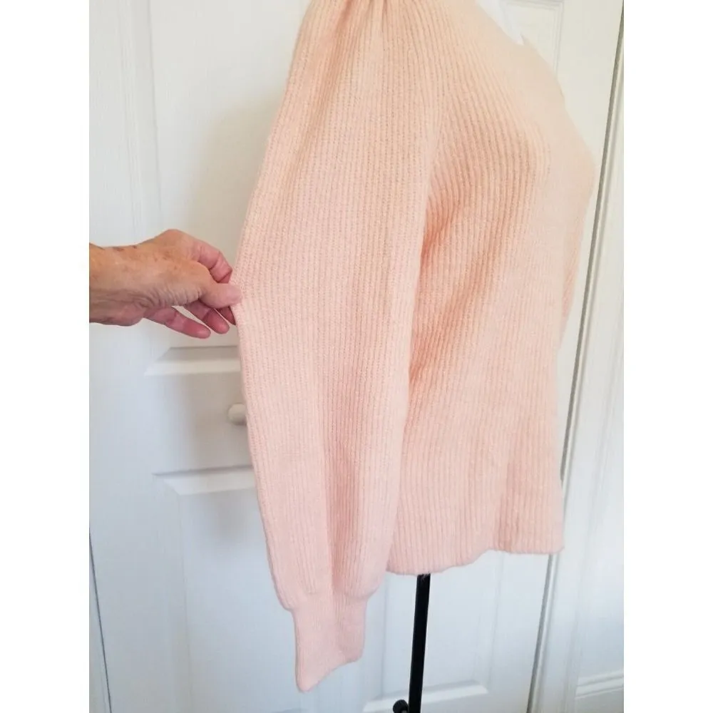 Halogen Blouson Sleeve Sweater Ribbed Knit Crew Neck Snap Button Back Pink Sz M - Image 3