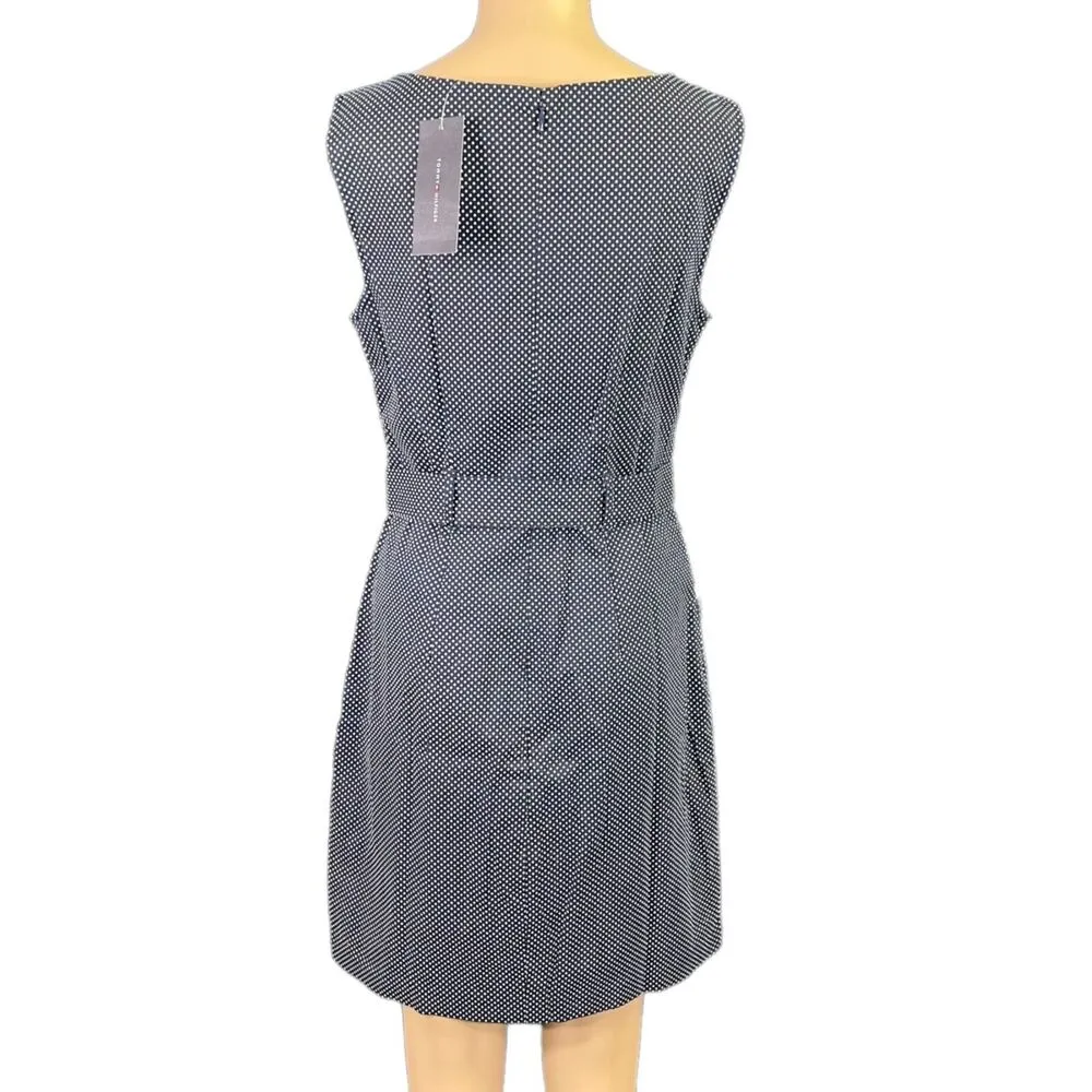 Tommy Hilfiger Womens Sheath Dress Polka Dot Sleeveless Tie Belted Navy Blue - Image 7
