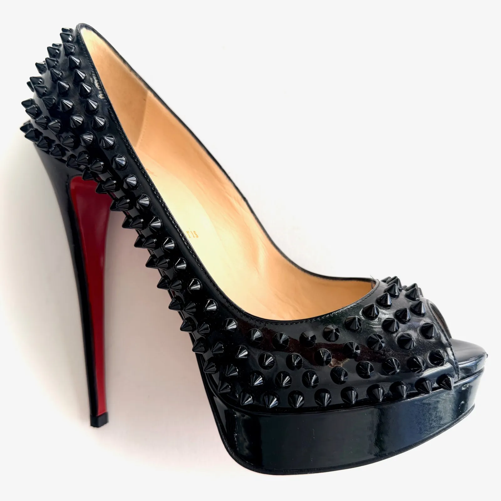 Christian Louboutin Lady Peep Spikes 40.5 140mm Black Patent Platform Heels Pump - Image 2