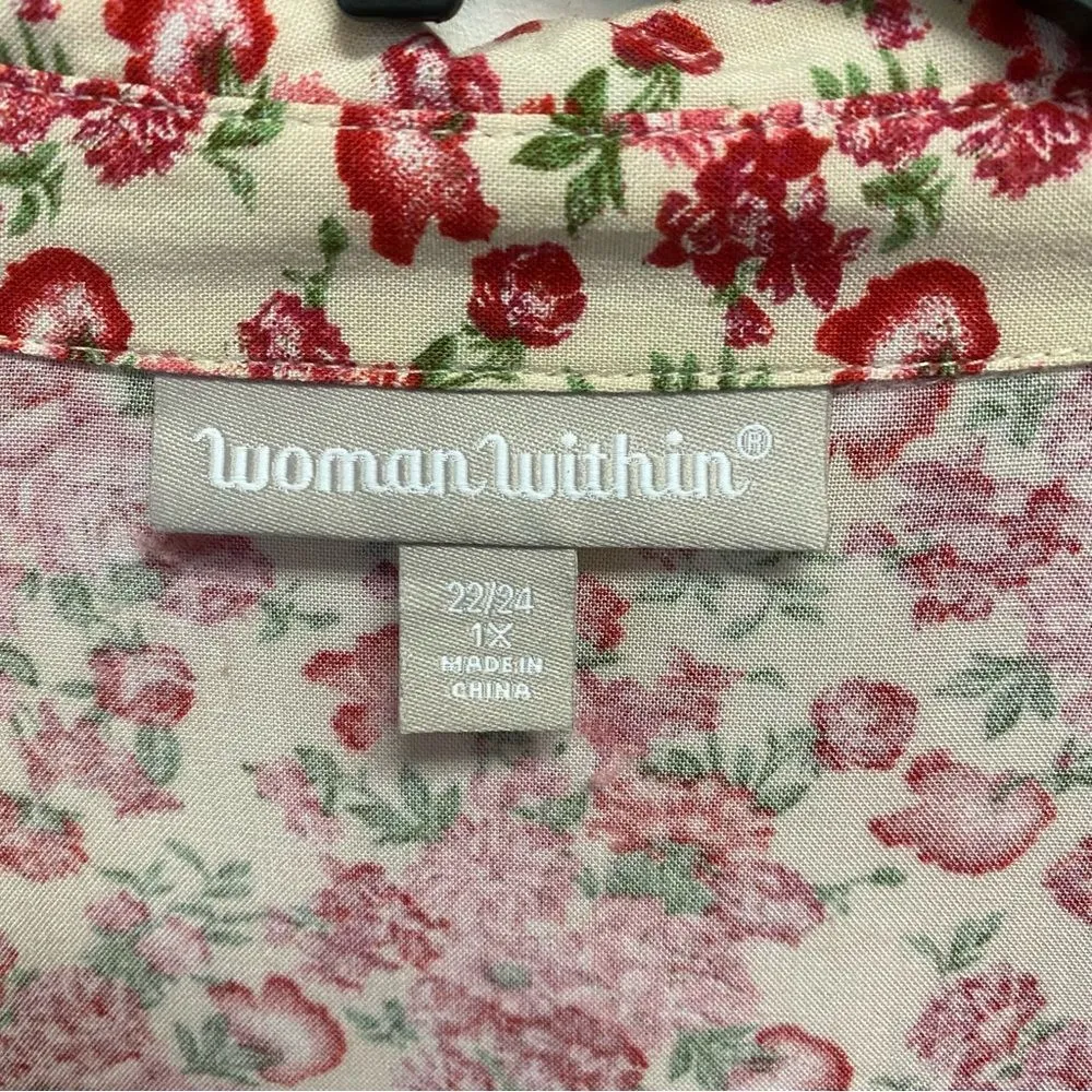 Woman Within Plus 1X 22/24 Floral Blend Button Down Rolled Up Sleeve Top Blouse - Image 2