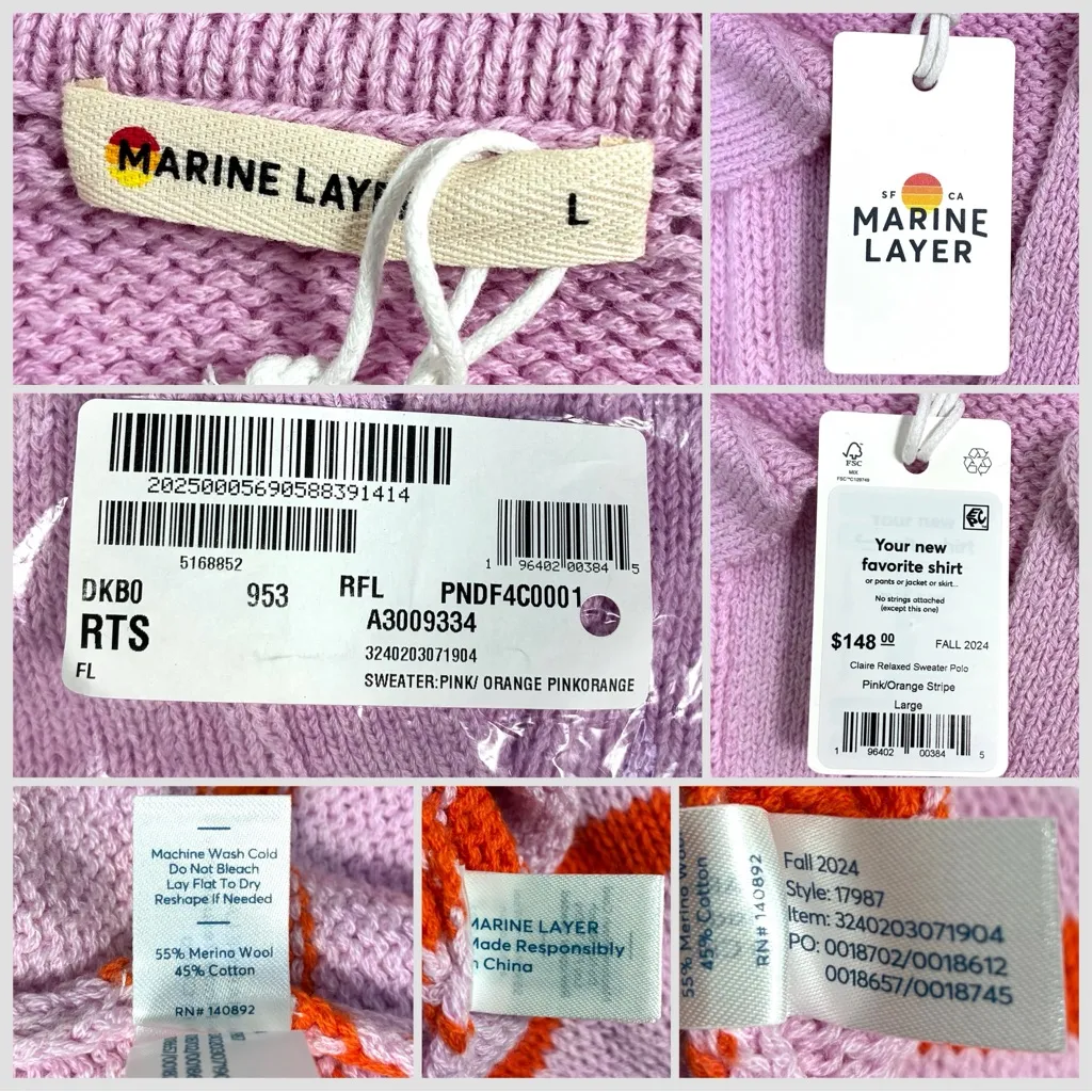 Marine Layer Claire Relaxed Sweater Polo Merino Wool Cotton Large Pink NWT - Image 7