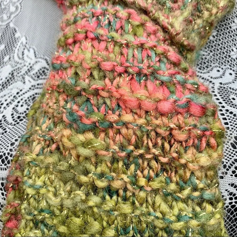 Beautiful Handmade Ombré Mohair Blend Pink Green Gold Chunky Knit Scarf OS - Image 3