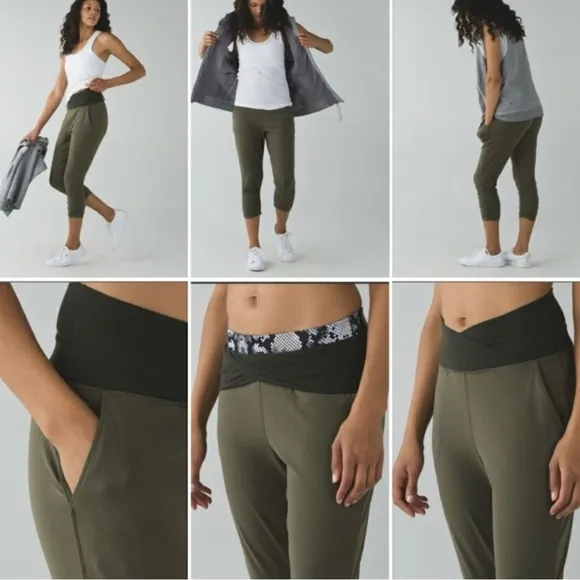 Lululemon sunset salutation crop size 6 olive green fold over waistband - Image 2