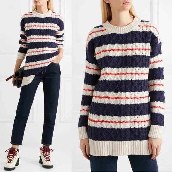 J Crew • Gabby Striped Cable-knit Sweater tunic merino wool navy cream red - Image 2