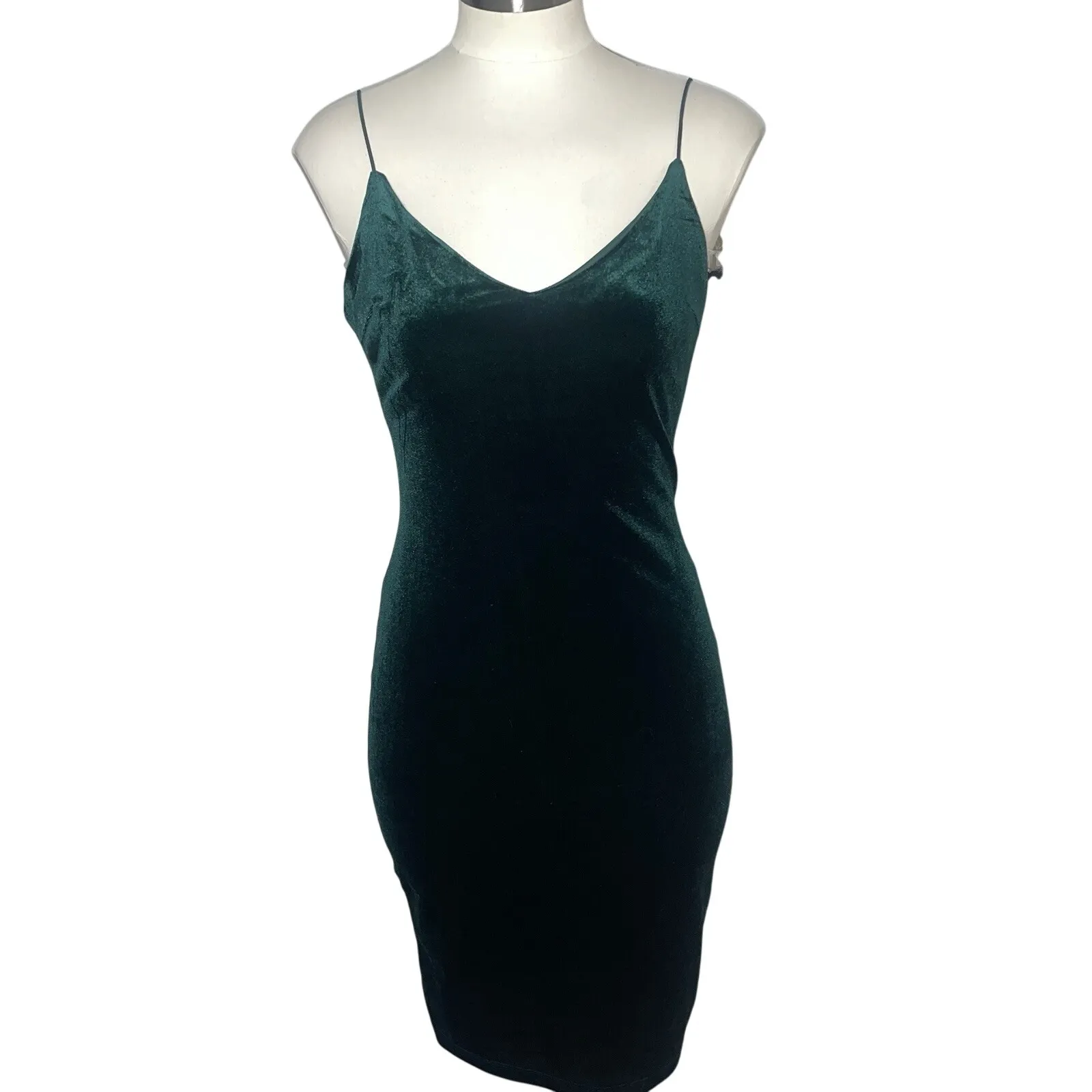 Crystal Sky Velvet V‎ Neck Spaghetti Strap Bodycon Mini Dress Green Size S - Image 2