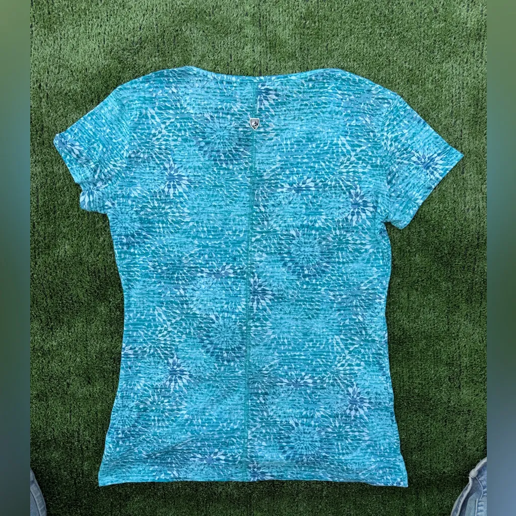 Kuhl Meridian Teal Floral Burst Front Notched Burnout Cotton Blend Top, Size S - Image 2