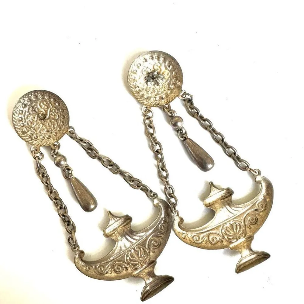 Silver tone vintage Aladdin’s lamp statement earrings - Image 2