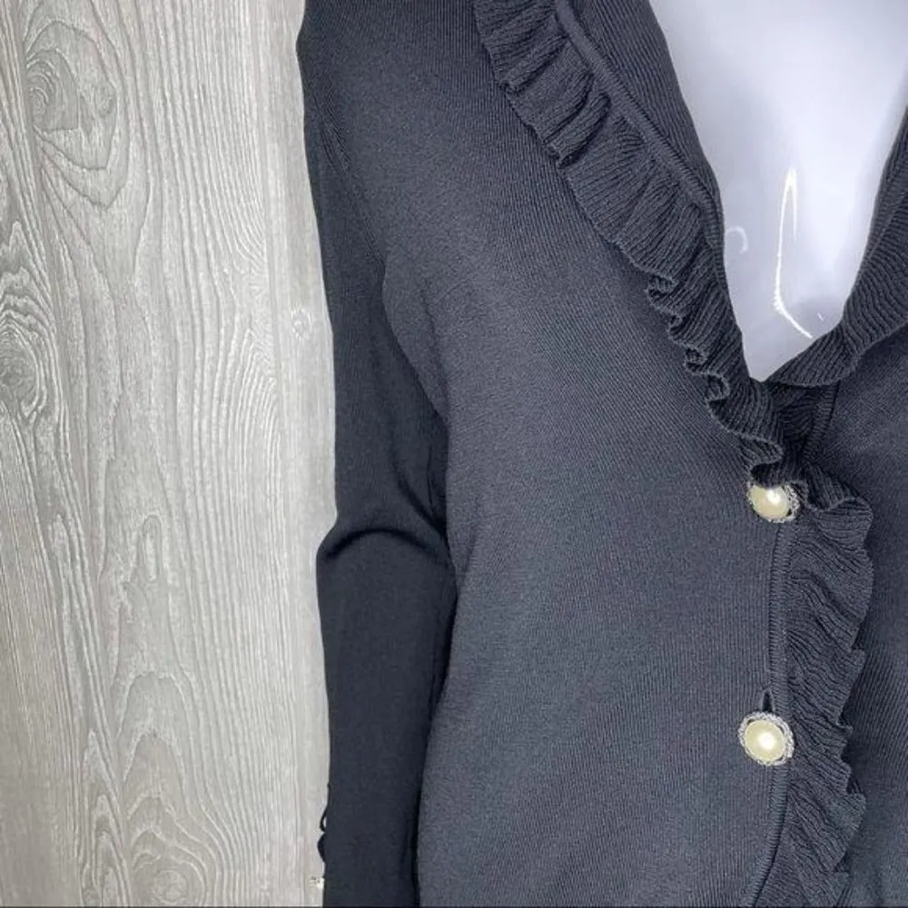 Vintage vertigo Paris ruffle button front cardigan sweater black button detail m - Image 3