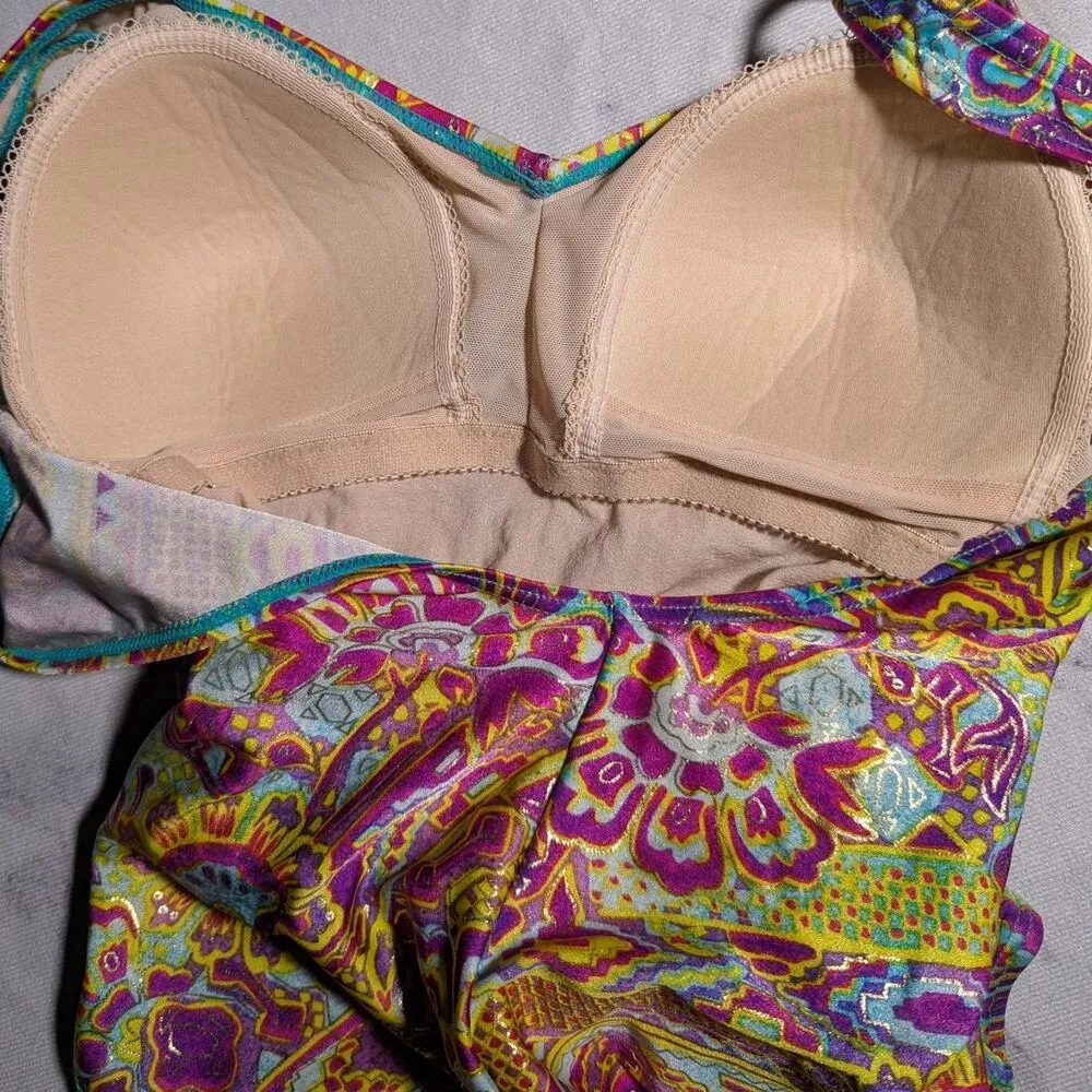 Vtg 1990s Beach Bay Bright Purple Yellow Paisley Floral Ruched Nylon Swimsuit 12 - Image 4
