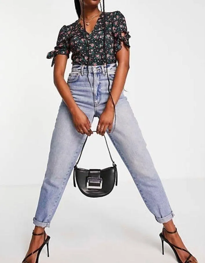 New Topshop Floral Tie Sleeve Button Front V-Neck Bodysuit Black Pink Size XS - Image 7