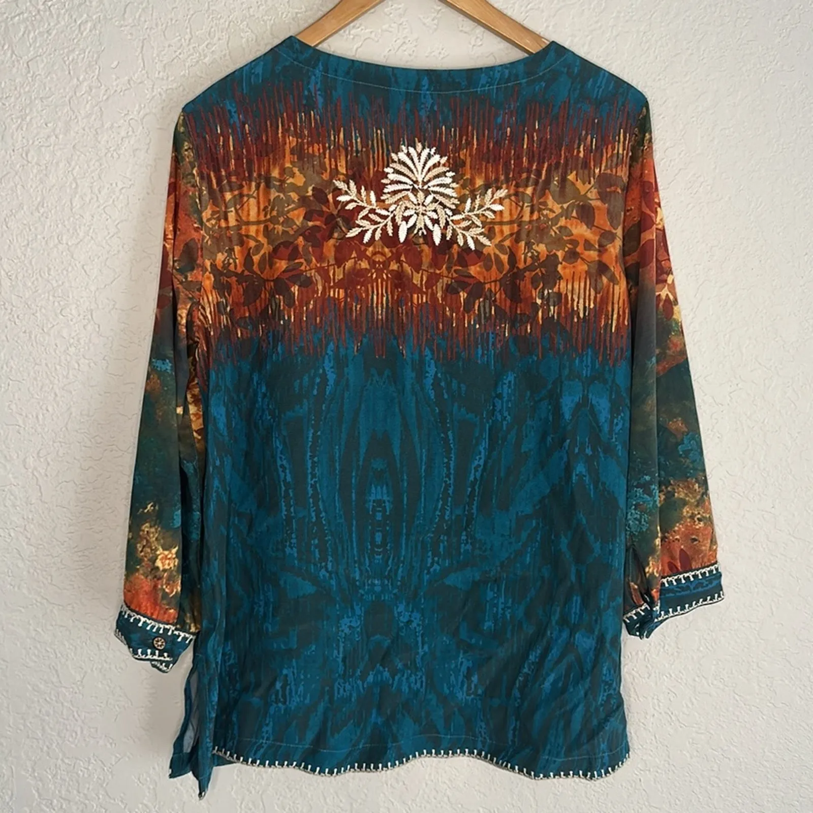 John Mark Embroidered Teal Blue Orange Tunic Top Aztec Southwestern Watercolor - Image 9
