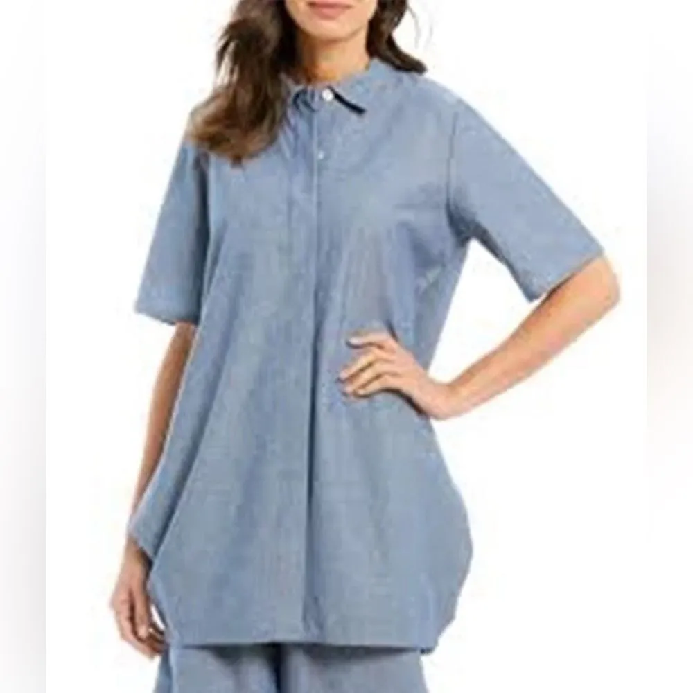 Bryn Walker Oia Blue Chambray Corrado Button Up Denim Shirt XL Lagenlook cotton - Image 9