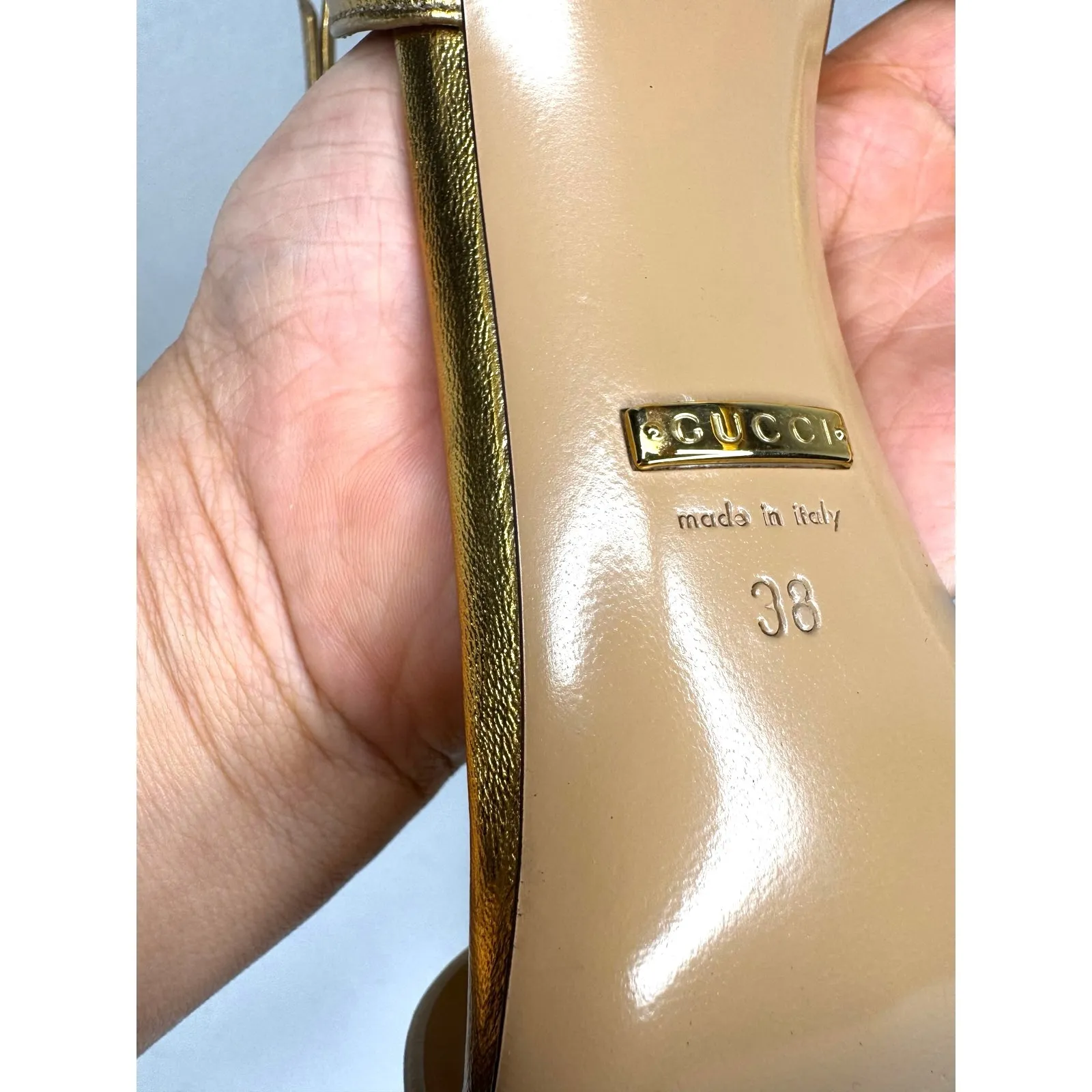 Gucci Gold Metallic Leather Cara High Heel Strappy Sandals Women’s Size EU 38 - Image 5