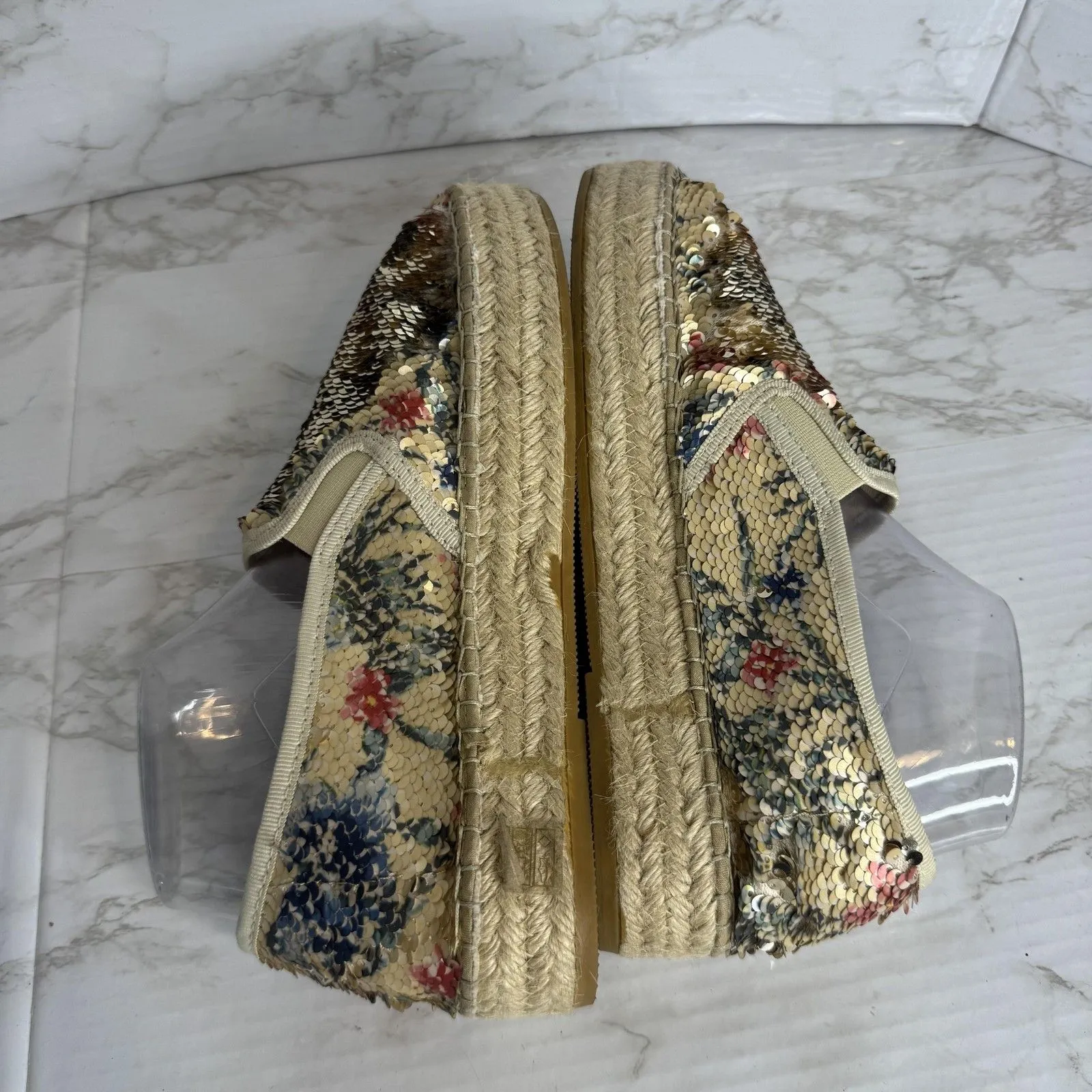 Toni Pons Shoes Womens SZ 10 Gold Floral flip Sequin Espadrille Platform Slip On - Image 8