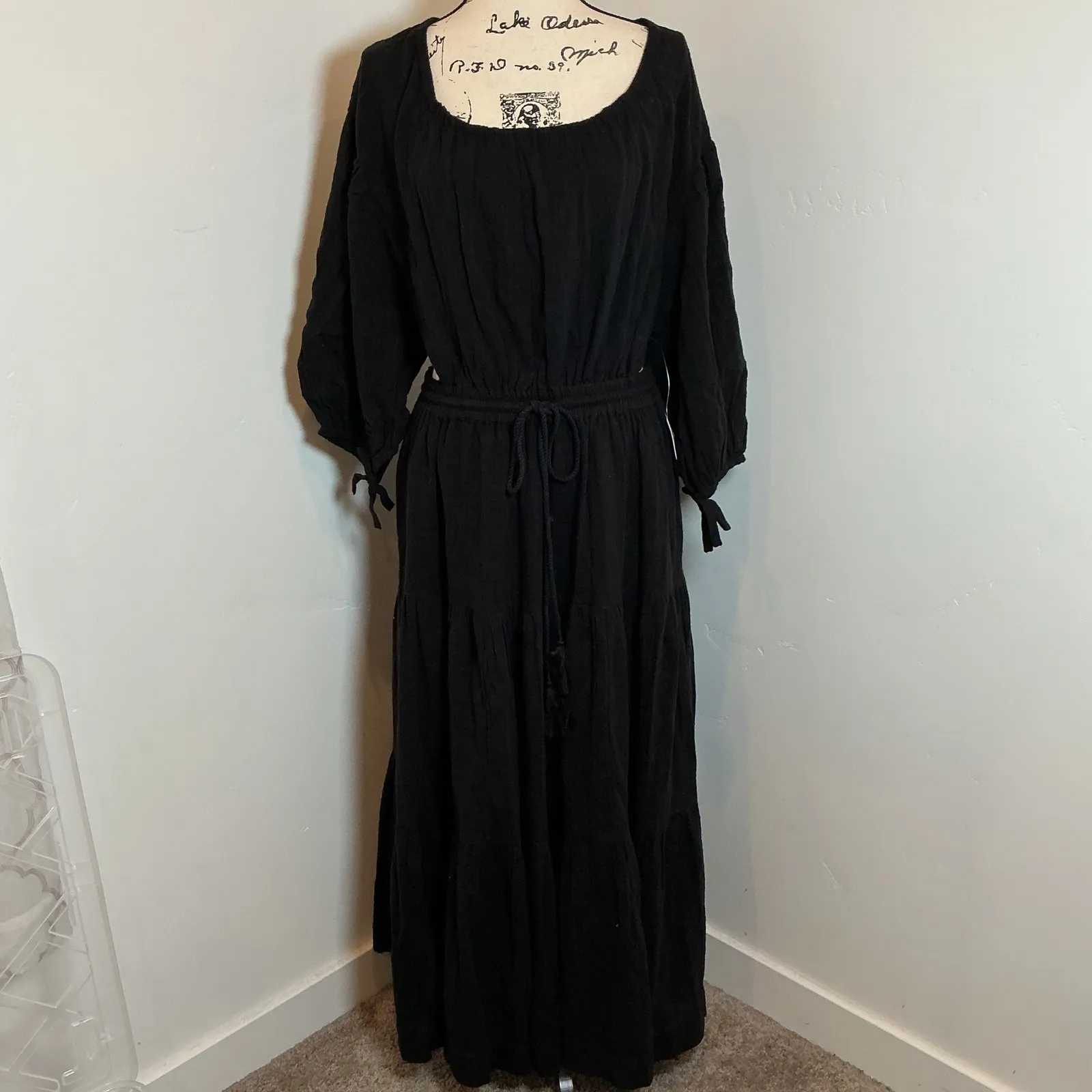 Free People Black Linen Blend Tiered Maxi Dress Tie Back Long Sleeve Size M - Image 2