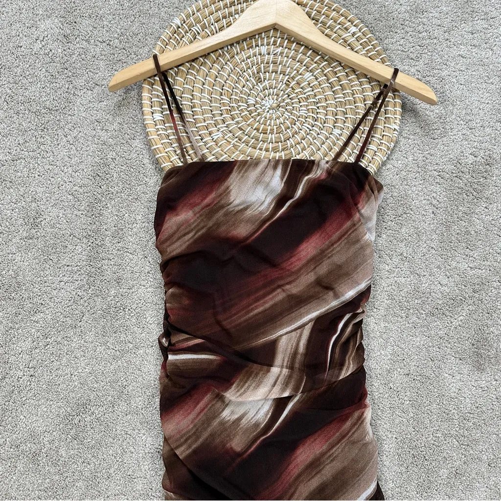Lovely Day Women’s Ruched Mesh Sleeveless Midi Slit Dress in Brown Tie Dye M - Image 3